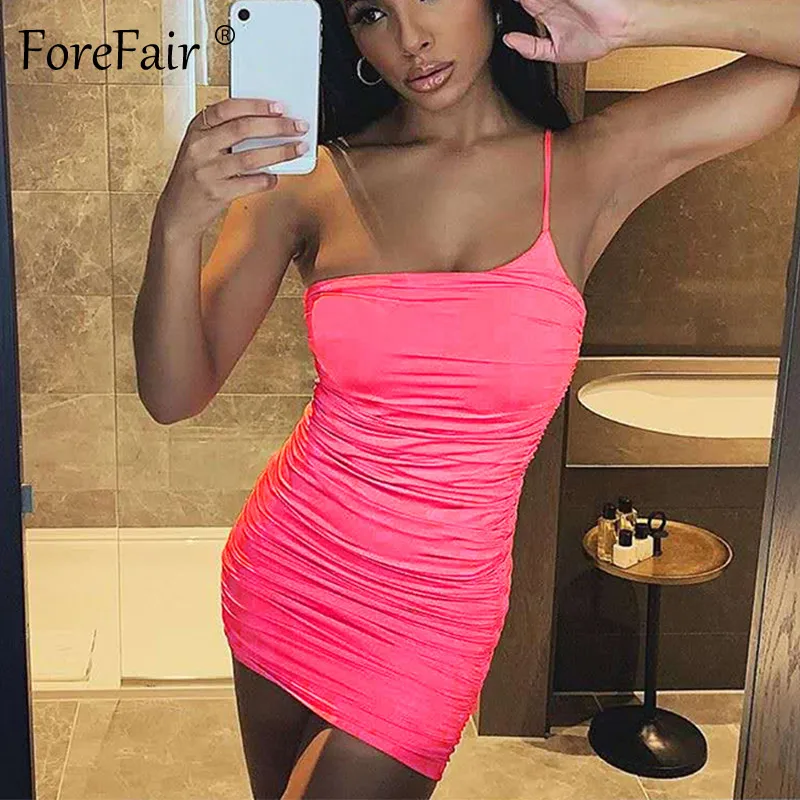 

Forefair One Shoulder Club Dress Neon Mini Ruched Strapless Party Backless Short Bodycon Sundress 2019 Summer Dress Women