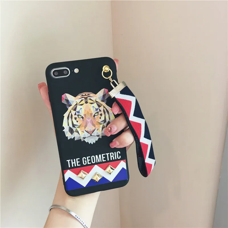 LUDI Hot Retro 3D Patterned Tiger Rabbit Stud Rivet Phone Case for iPhone 7 7Plus Wrist Strap Phone Bag for iPhone X 6 6s 8 Plus3