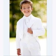 Новые детские костюмы с цветочным узором для мальчиков, смокинг, белые детские свадебные костюмы для мальчиков(пиджак+ жилет+ брюки+ бант