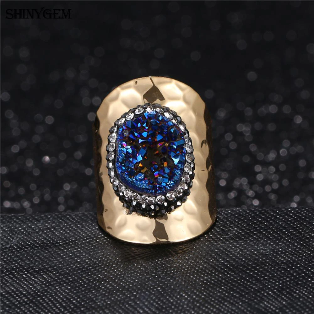 Кольца на палец с золотым покрытием ShinyGem Druzy, сверкающие кольца с нестандартными радужными кристаллами, большие кольца с натуральным камнем для женщин