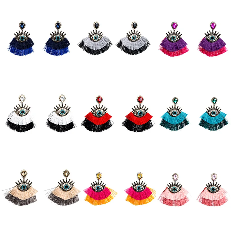

RE Bohemia Big Rhinestones Eyes Tassel Earrings for Women Unique Design Wedding Jewelry Handmade Colorful Fringes Drop Earrings