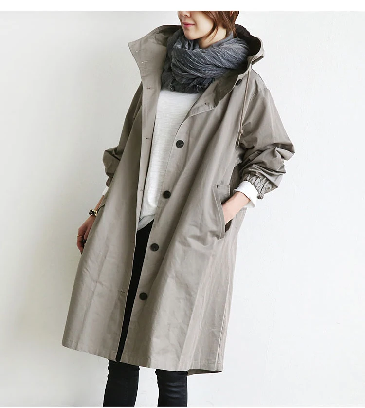 Осенняя ветровка в английском стиле, длинный Тренч, Женское пальто, джинсовый кардиган, базовое пальто с капюшоном для женщин, большой плащ, черный, серый, B904