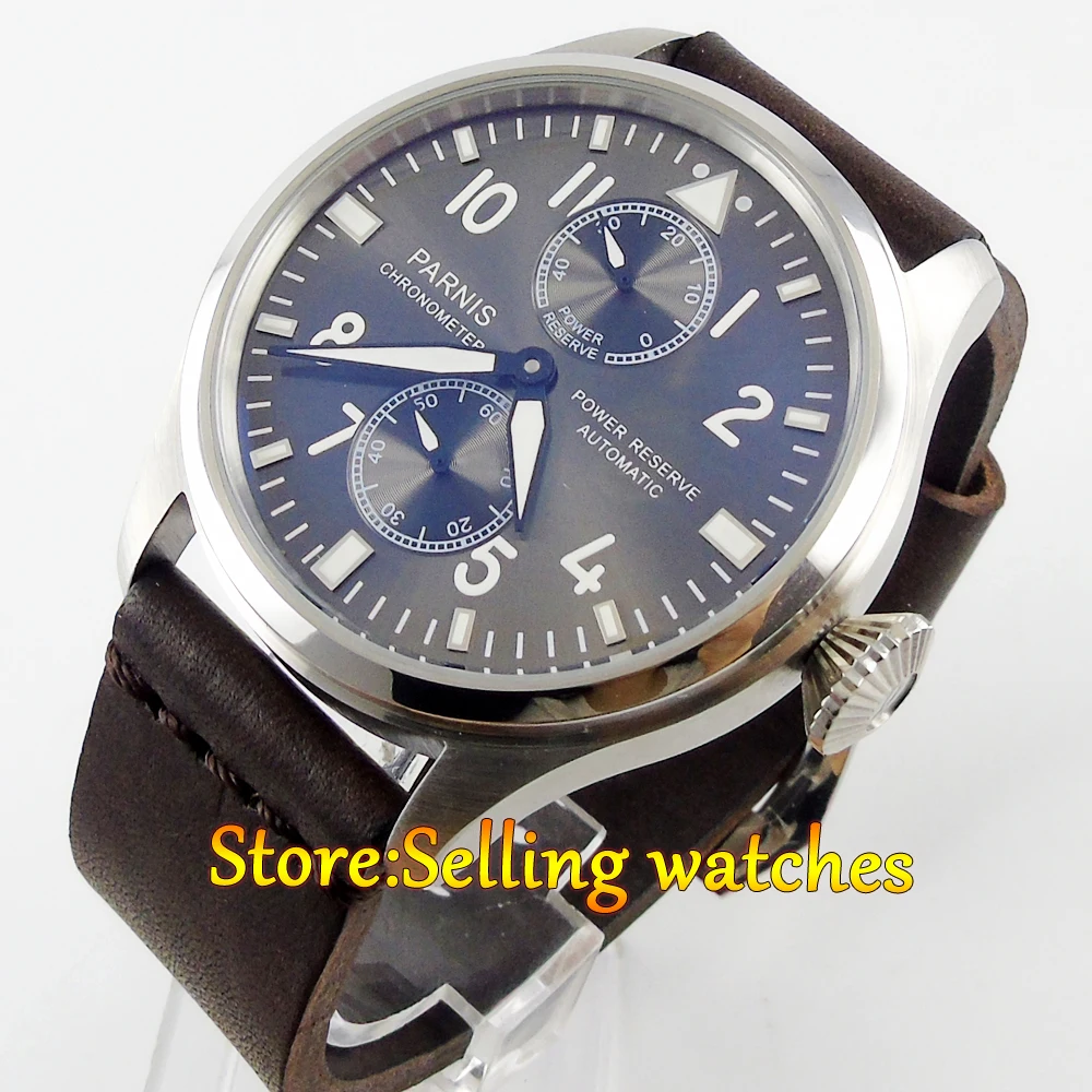 

47mm parnis gray dial power reserve automatic movement mens watch