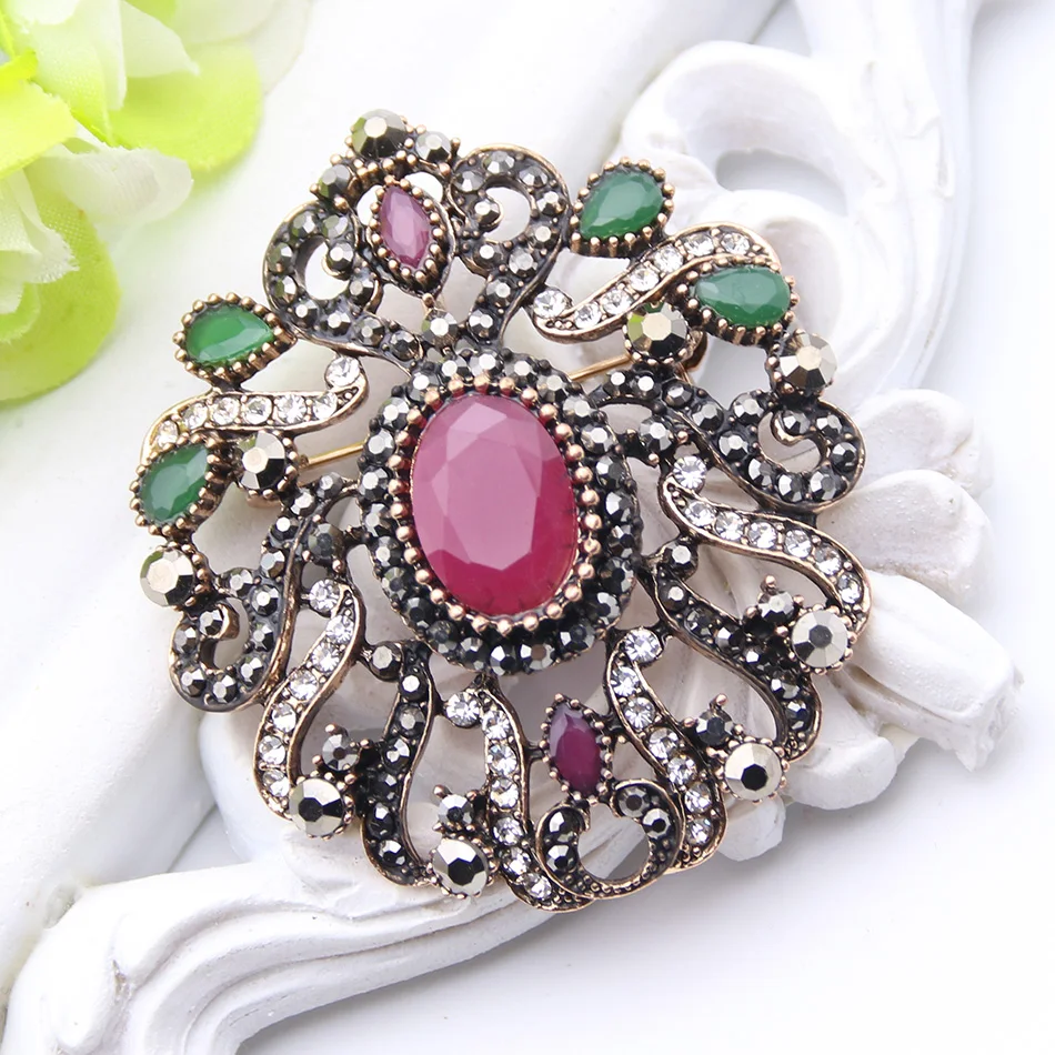 New Arrived Turkish Rhinestone Brooch Women Ethnic Flower Jewelry Antique Gold Plated Multicolor Resin Brooches Broches