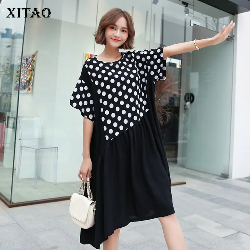 

[XITAO] New Women Korea Fashion 2019 Summer O-neck Short Sleeve Draped Patchwork Knee-length Pleated Loose Dot Dress ZQ1399