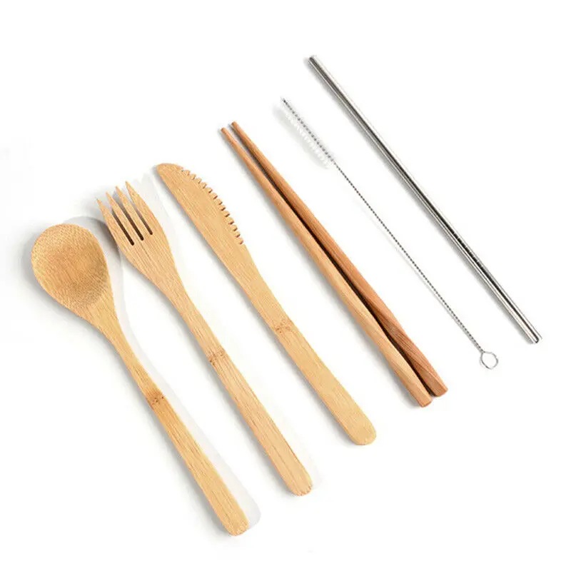 6 шт. бамбуковый набор столовых приборов многоразовый бамбуковый соломенный набор посуды с тканевой сумкой ножи вилка ложка палочка для еды путешествия