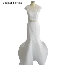 Elegant Mermaid Lace Wedding Dresses 2018 with Crystal Sash Formal Women Beaded Bridal Gowns with Cap Sleeve vestido de noiva