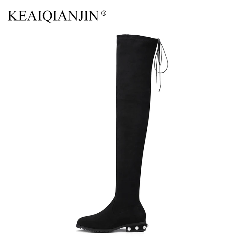

KEAIQIANJIN Woman Black Thigh High Boots Winter String Bead Red Flock Shoes Plus Size 33 - 43 Round Toe Over The Knee Boots 2018
