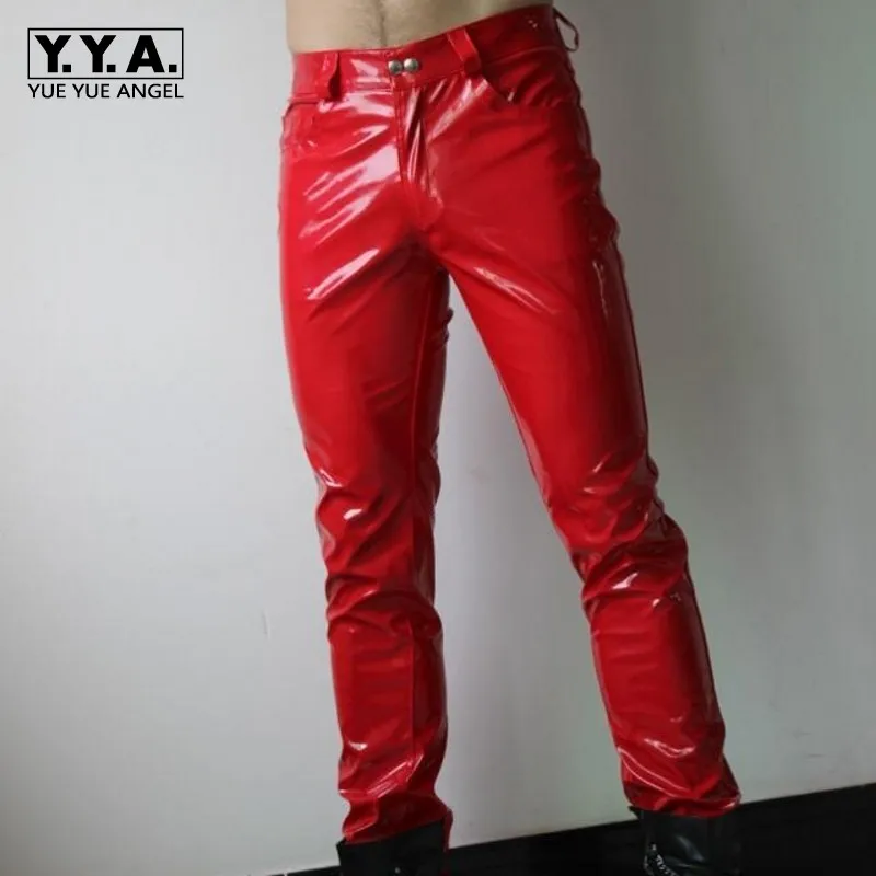 

Fashion Men Faux Patent Leather Skinny Pencil Pants Low Waist Punk Style Red Male Trousers Plus Size Motorcycle Pu Leather Pants