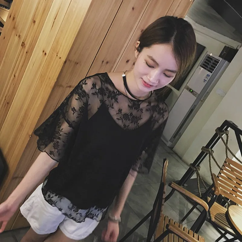 

Women Chiffon O-Neck Blouse Crochet Lace Two-piece Shirts Tops Ladies Clothing