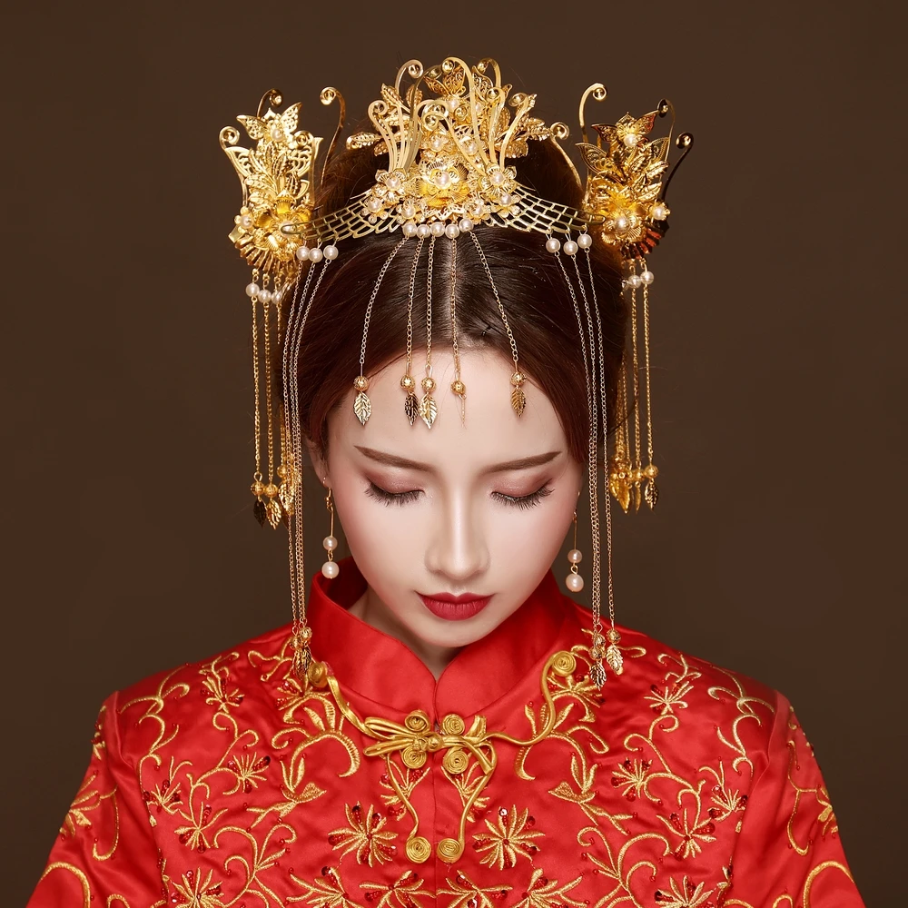 

Vintage Chinese Bride Wedding Hair Jewelry Sets Traditional Ancient Costume Hair Sticks Tassel Step Shake Headdress Ornament New