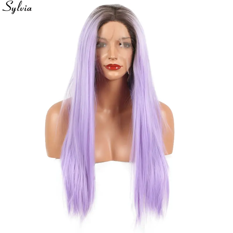 Sylvia Heat Resistant Fiber Brown Root Ombre Light Violet Color Pastel Purple Long Soft Synthetic Lace Front Wigs Free Shipping