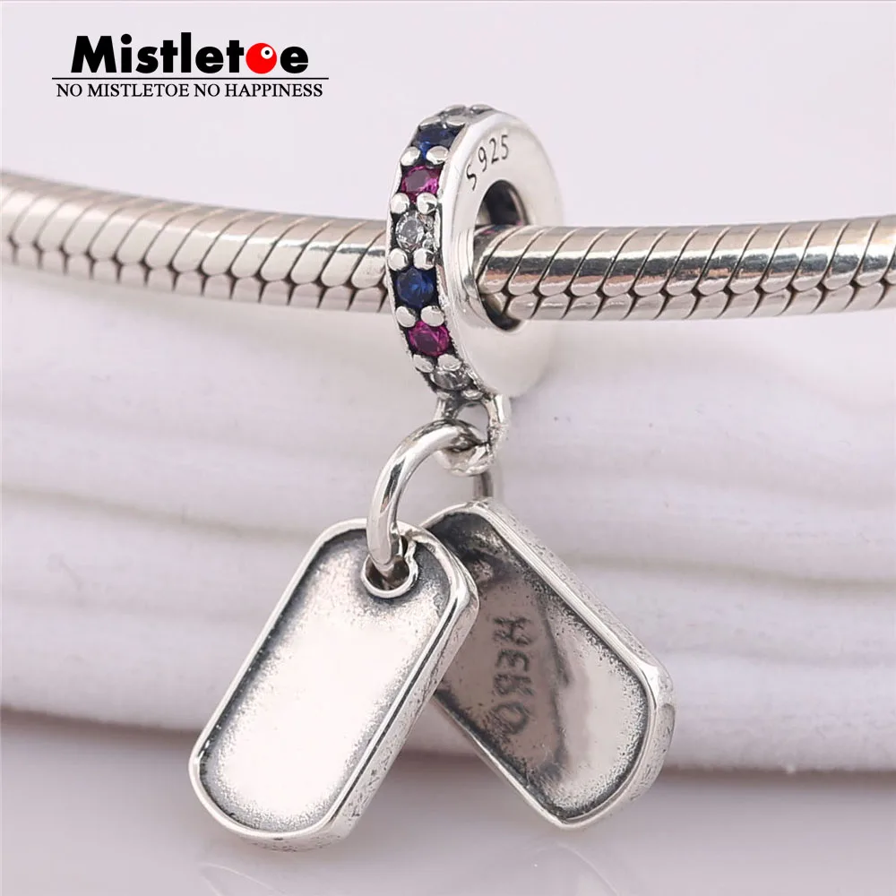 

Mistletoe 925 Sterling Silver Hero Dog Tag Dangle Charm, Multi-Colored CZ & Blue Crystals Fit European Bracelet Jewelry