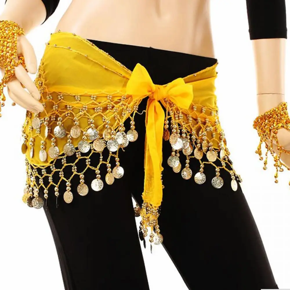 Блестящий 3 ряда Золотая монета танец живота костюм хип шарфы юбка пояс накидка для танца