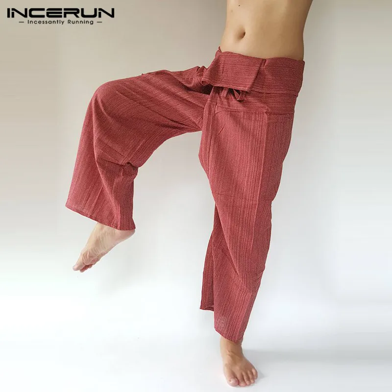 INCERUN, мужские тайские штаны для рыбалки, полосатые свободные широкие штаны для йоги, хлопковые винтажные повседневные штаны для бега, мужские S-5XL