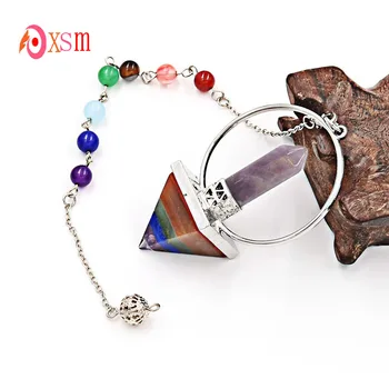 

XSM Rainbow Layer Pyramid Pendulums 7 Chakra Chain Natural Stone Circle Hexagon Prism Pendant Reiki Healing Wicca Jewelry 1 Pcs