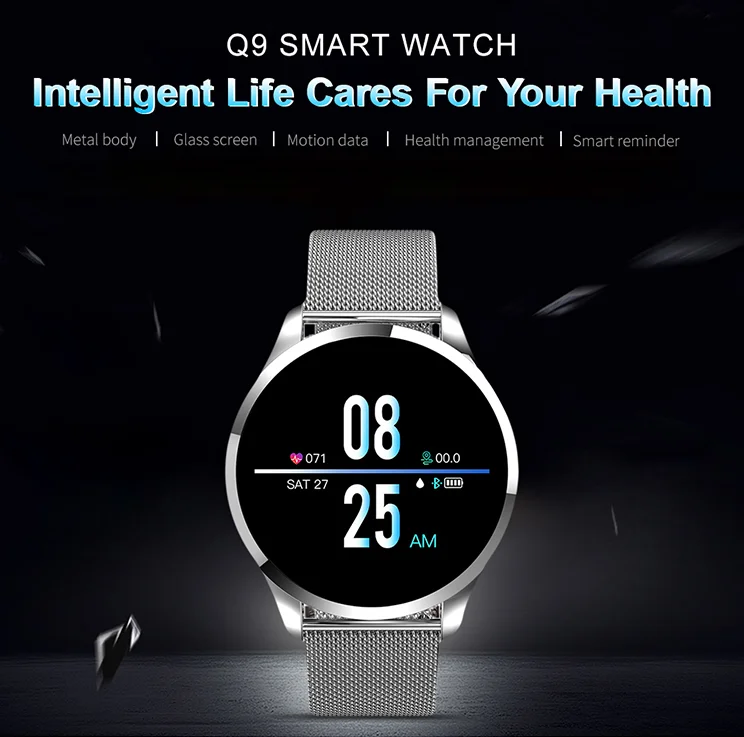 Q9 Steel Tempered Glass Round Screen Smart Watch with Heart Rate Monitor IP67 Waterproof Smart Bracelet