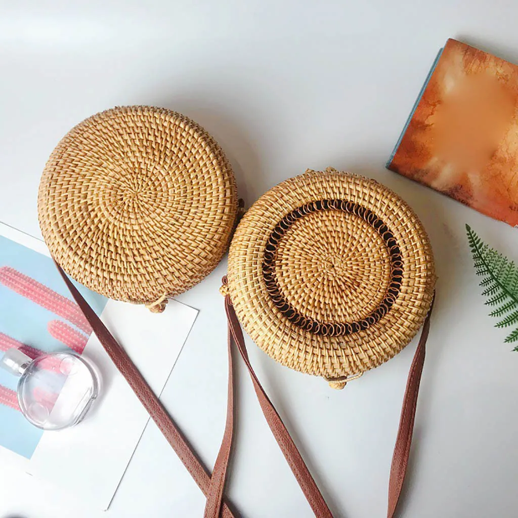 

2019 Women Beach Bag Summer Big Totes With Zipper Circle Handwoven Bali Round Retro Rattan Straw Crossbody Handbag Shoulder Bag