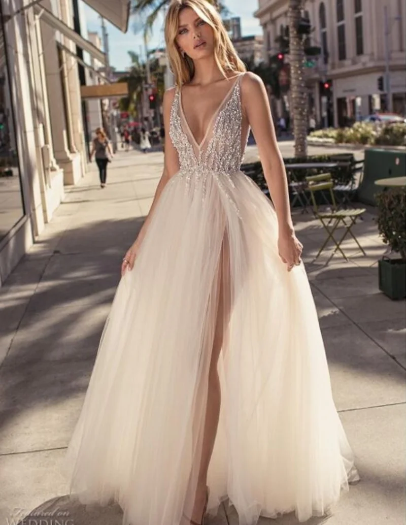

Charming 2019 Tulle Evening Gowns Backless V-Neck High Split Sexy Prom Party Gowns Custom Made Special Occasion Dresses Cheap