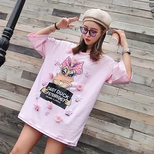 Бренд ThailandTide,, летняя Новинка, принт с героями мультфильмов, с блестками, для тяжелой работы, свободная, короткий рукав, с дырками, длинная, женская футболка