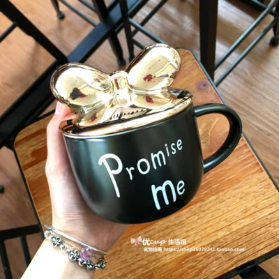 

420ml Couple Cup Gold-plated Bow Mickey Cover with Lid Spoon Milk Breakfast Cup Coffee Mug Wedding Gift Valentine's Day Present