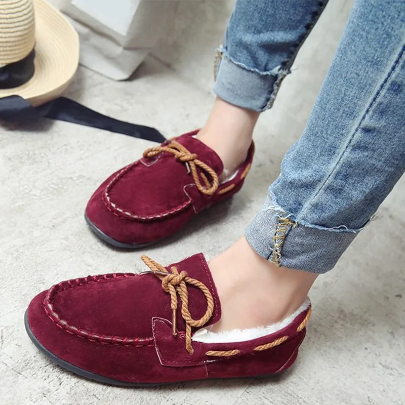

Women Winter Warm Handmade Moccasins Lace Up Bowtie Flats Female Sewing Fur Shoes Ladies Casual Comfortable Shallow Footwear