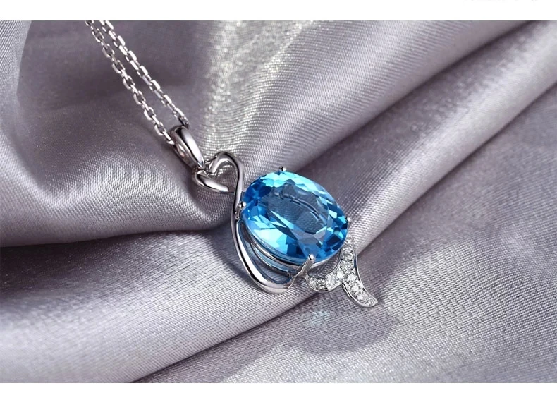 CaiMao 18KT/750 White Gold 6.39 ct Natural IF Blue Topaz & 0.09 ct Round Cut Diamond Engagement Gemstone Pendant Jewelry