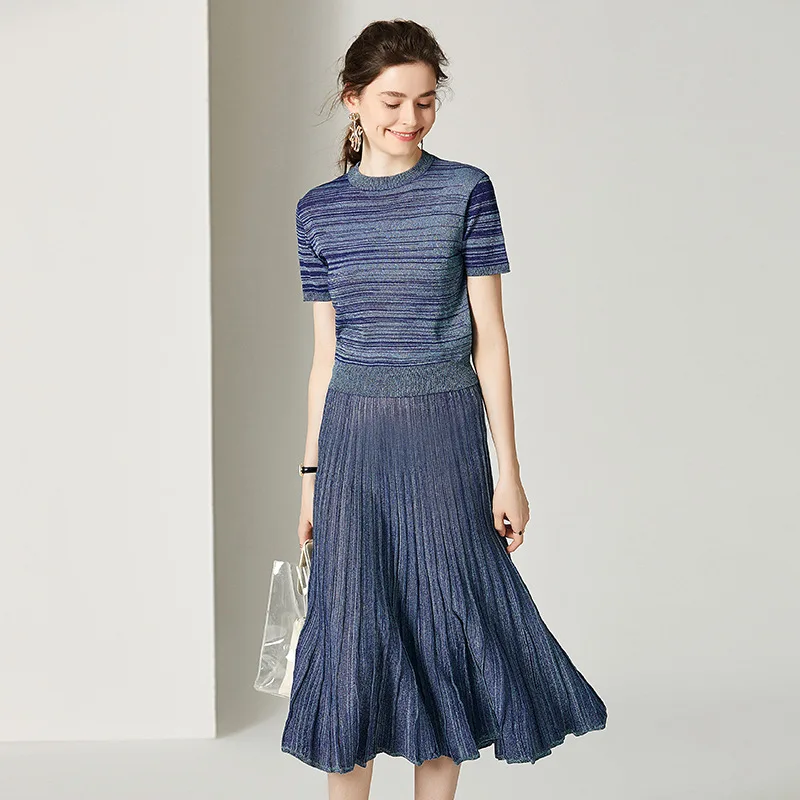 

Suits Two Pieces Set Viscose Blends Knitted O Neck Short Sleeves Elastic Waist Elegant Design New England Style Fashion 2019