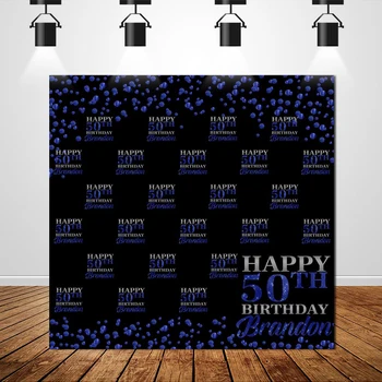 

Blue and Black Step and Repeat Background Happy 50th Birthday Backdrops for Photo Studio Custom name and age Party Decoration