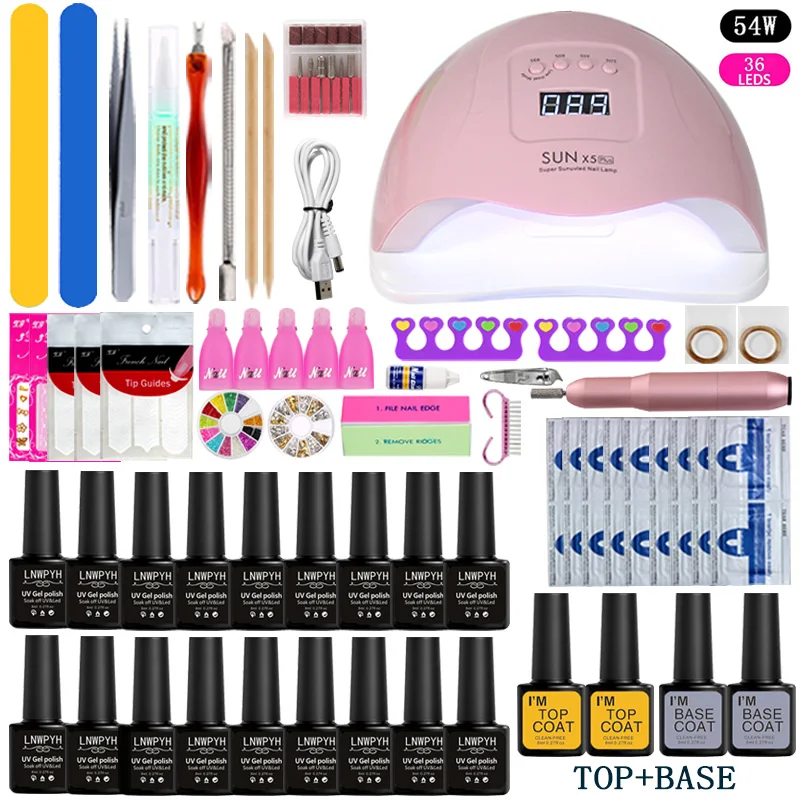 

Nail Kit Choose18Colors Gel Polish Base Top Coat Nail set 36w/48W/54w Uv Led Lamp Electric Nail Drill Kit Manicure Set