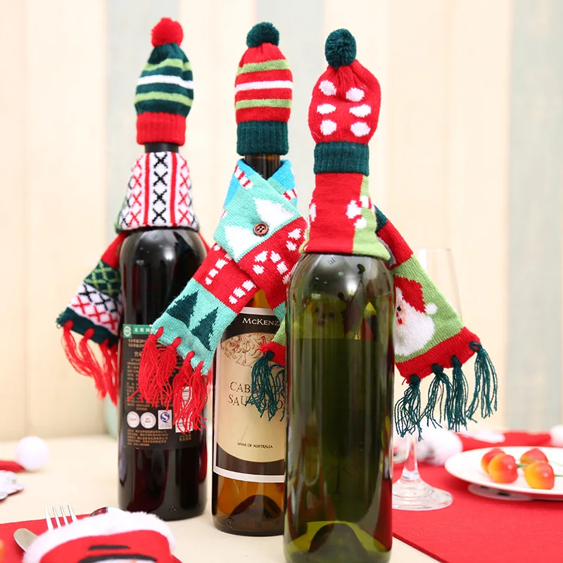 Рождественская мини-шляпа шарф крышка для бутылки с красным вином Санта Клаус рождественская ёлка, олень точка полосатая шапка шарф обеденный стол Декор