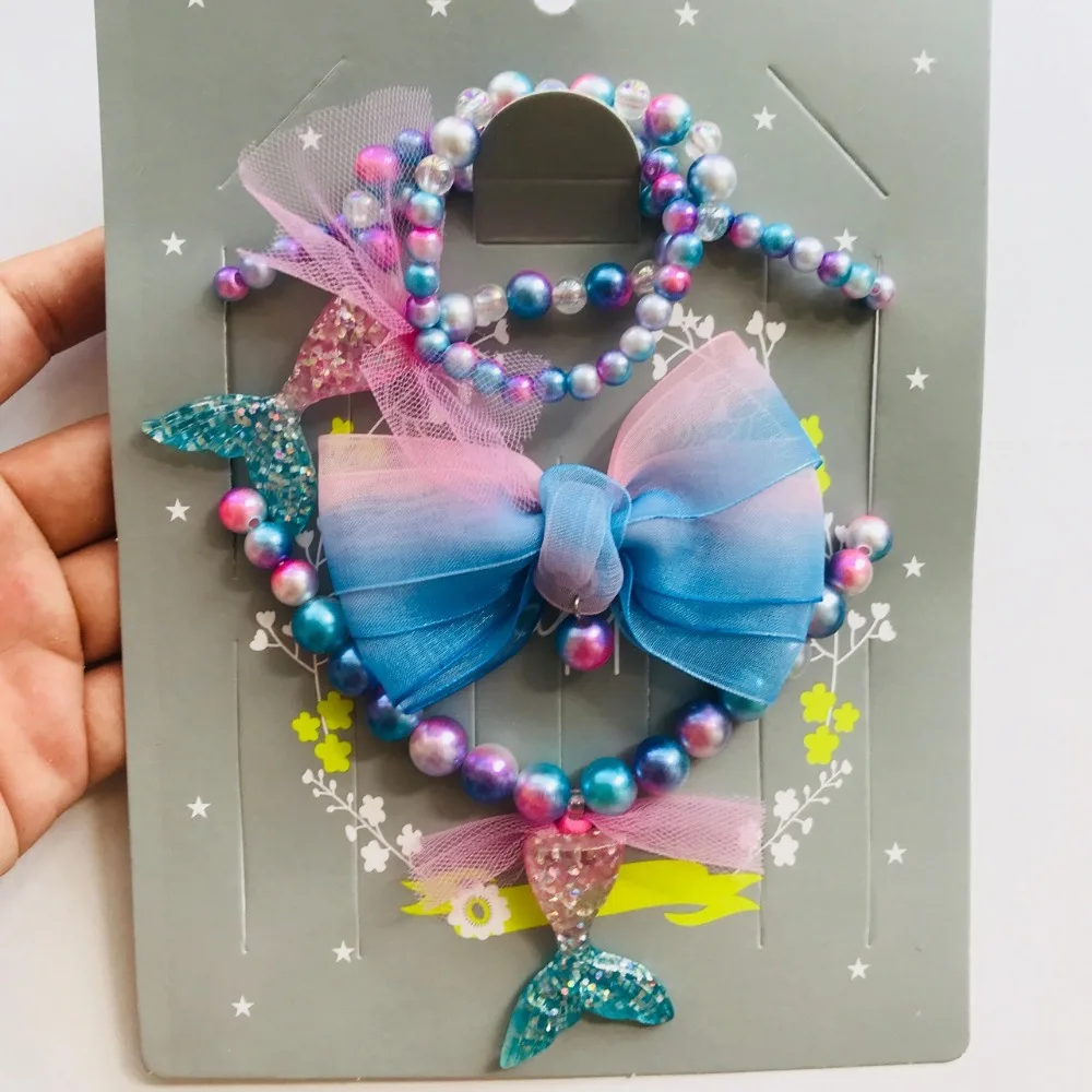 Фиолетовое массивное ожерелье с русалочкой, блестящие шпильки с подвесками для девочек, красочное ожерелье с жевательной резиной и браслет, набор, подарок ручной работы для детей