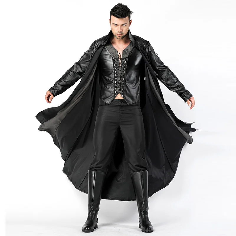 2018 New Adult Mens Halloween Vampire Costumes Faux Leather Outfits Fancy Party Devil Cosplay Dresses With Long Coat and Pants (1)