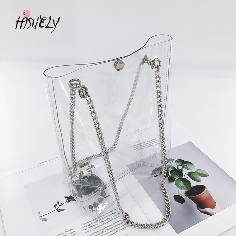 

HISUELY 2019 Hot Sale Hologram Transparent Plastic Handbag Beach Shoulder Bag Women Trend Tote Jelly Fashion PVC Clear Bag Funny