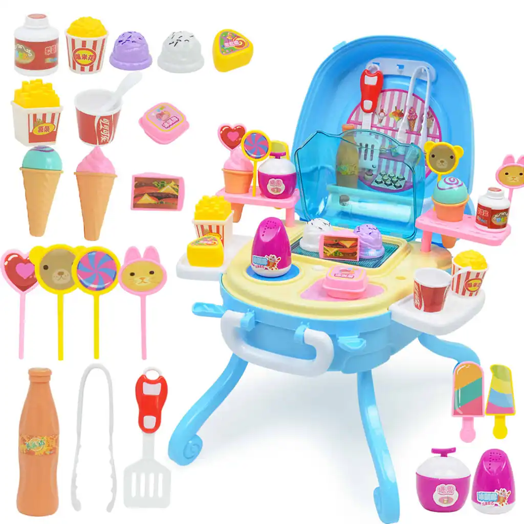 Ice Cream Case Pretend Play Food Dessert and Candy Trolley Set Toy with Music and Lighting Toys for Girls Kids Boys Children