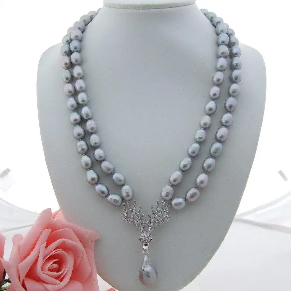 

GE010809 21'' 2 Strands Grey Rice Pearl Necklace Keshi Pearl Pendant