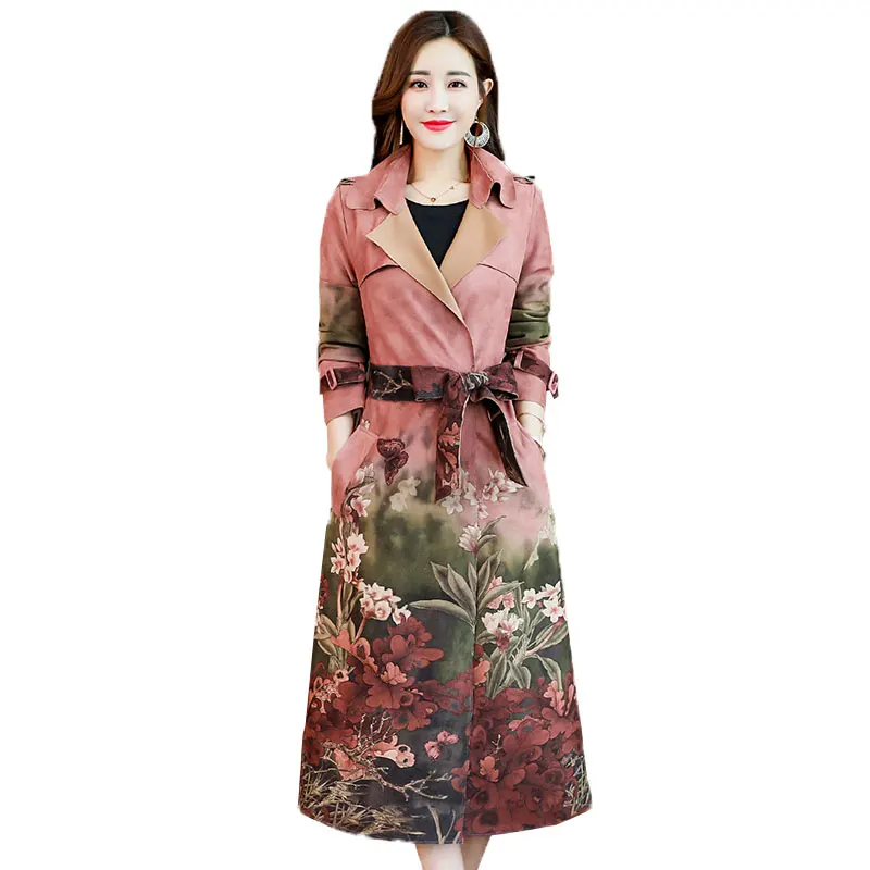 

Autumn Suede Slim printing Trench Coat female long section spring new temperament women printed coat Blazer Trench Abrigo 876