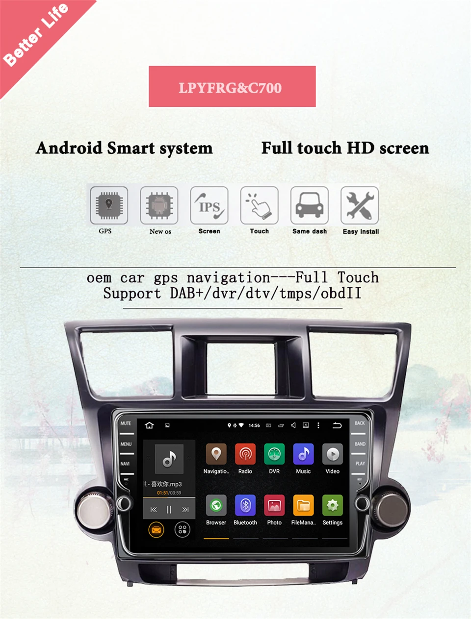 Cheap 9" Octa core Car radio for Toyota Highlander Kluger 2008-2012 android 9.1 car DVD player with 4G RAM 64G ROM Head Unit 2