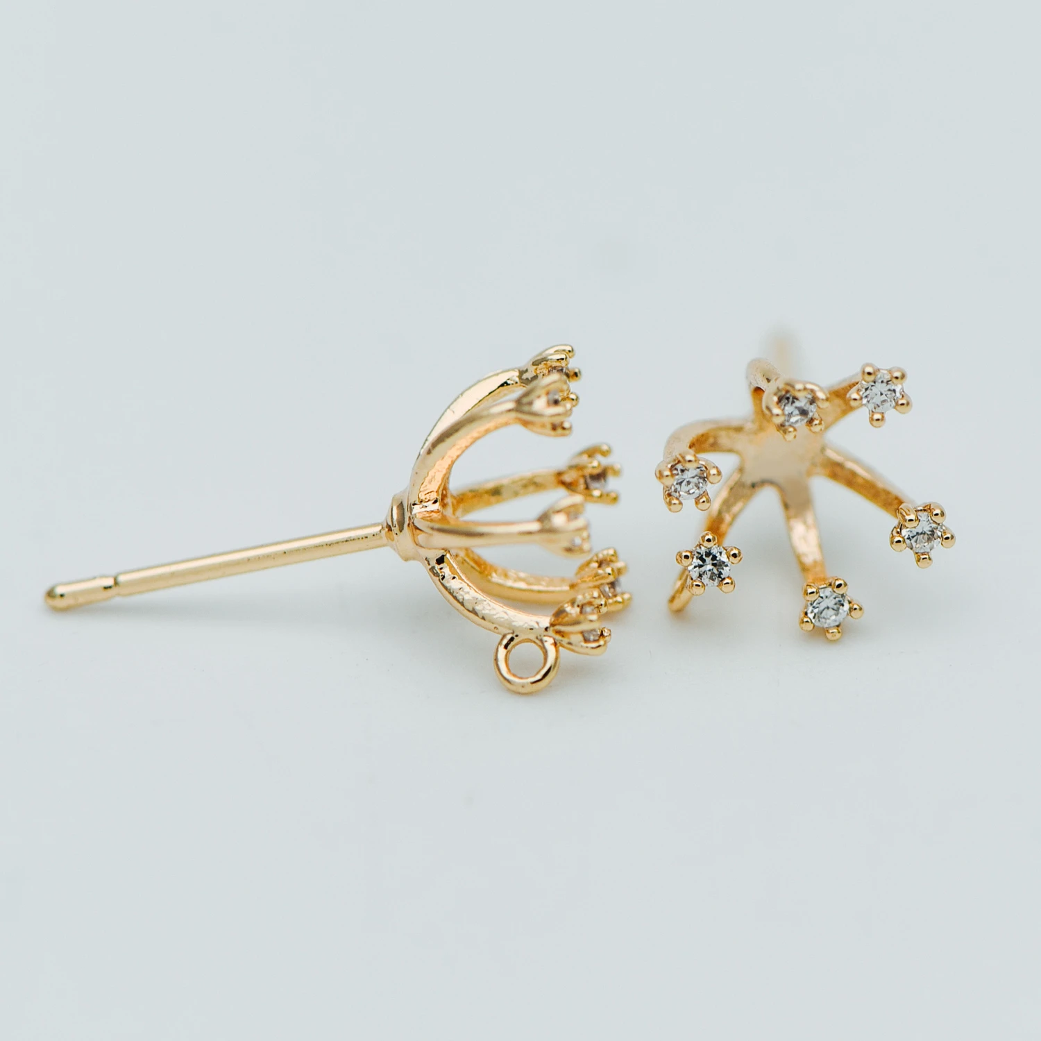

10pcs CZ Paved Gold Ear Posts, Floral Stud Earrings with Loop, Fit 6mm Pearls (GB-630)