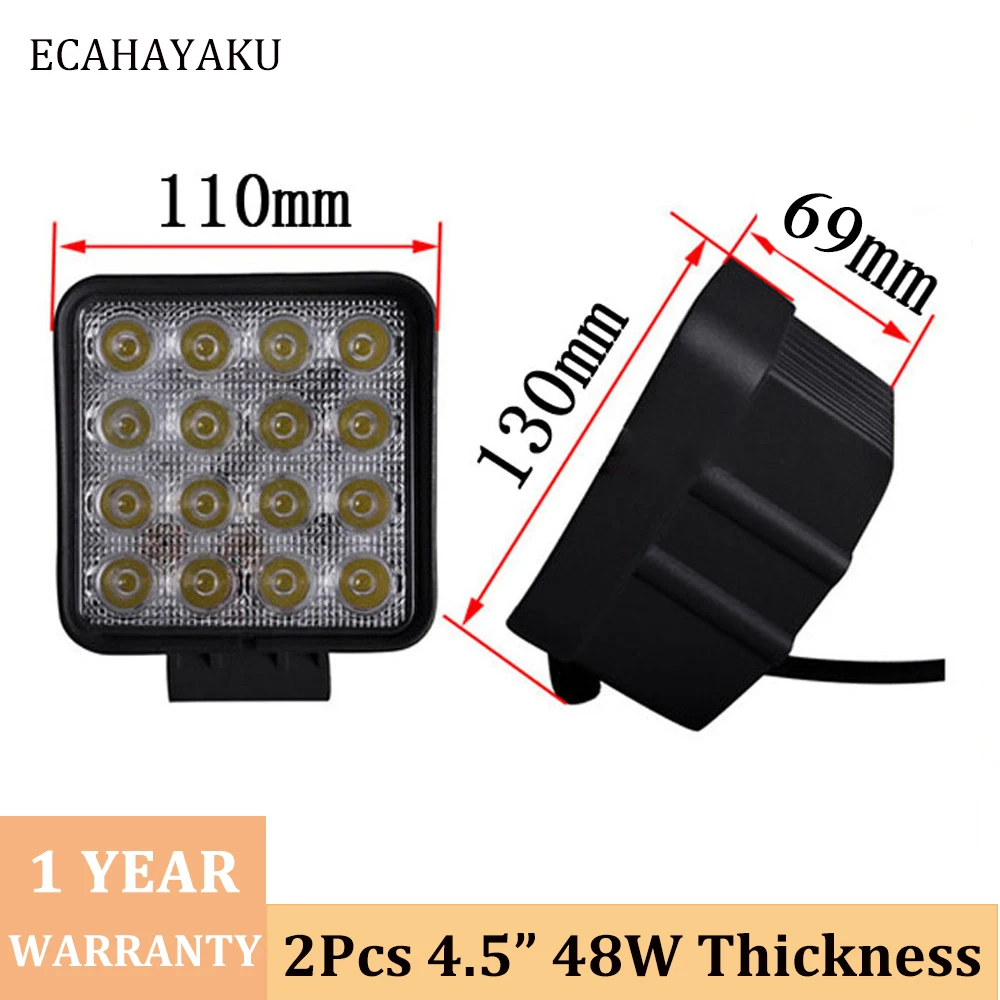Светодиодный рабочий светильник ECAHAYAKU 4 &quotквадрат 48 Вт 6000 К IP67