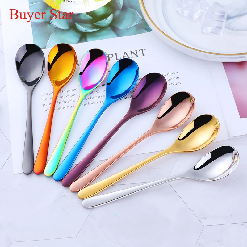 

6 pcs/lot colorful Ice Cream Spoon Tea Coffee Handled Stainless Steel Spoons Tableware Kitchen Tool