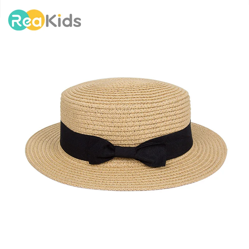 

REAKIDS Fashion Parent-Child Sun Hat Cute Children Summer Hats Bow Hand Made Women Straw Cap Beach Big Brim Hat For Casual Glris