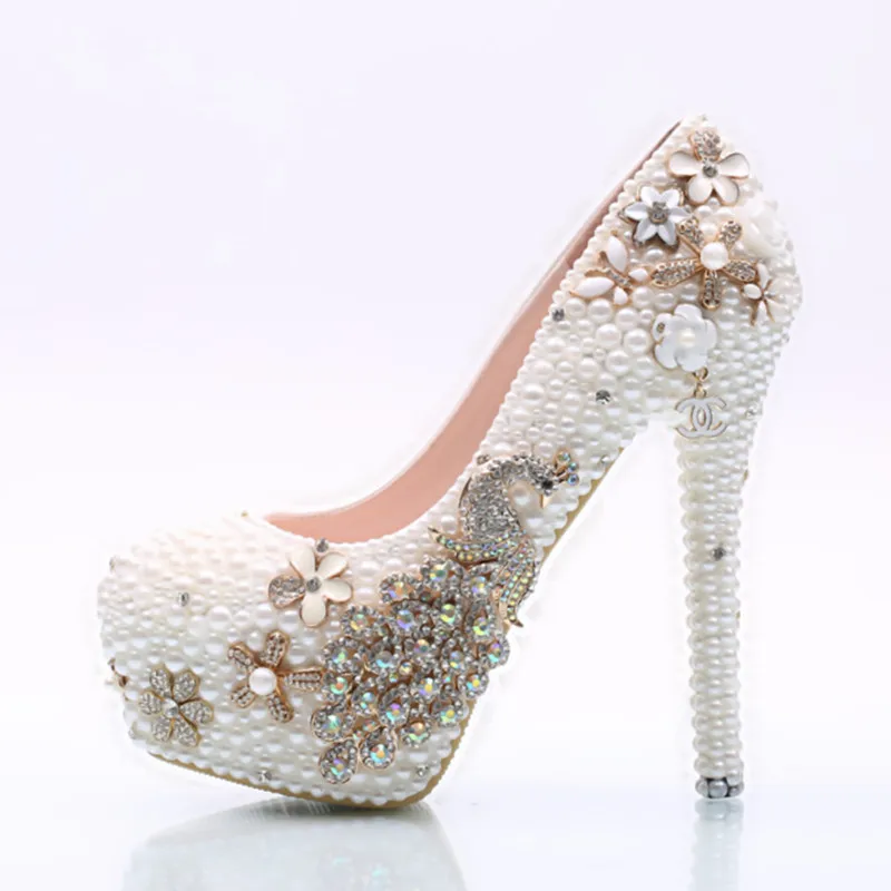 

women crystal wedding pumps high heel drill waterproof table with bride shoes pearl Bridesmaid Wedding Banquet shoes