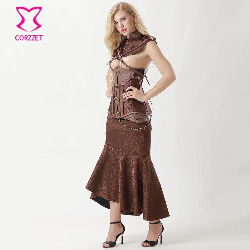 Винтажная викторианская коричневая парча с высокой талией и кожаным поясом, длинная юбка русалки размера плюс, готическая юбка в стиле стимпанк, женские юбки Макси