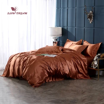 

SlowDream 100% Satin Silk Bedding Set Luxury Decor Home Bed Linen Euro Coffee Solid Color Double Adult Family Bedspread Sheet
