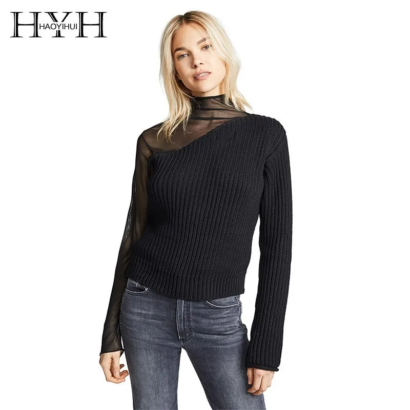 

HYH Haoyihui Femme Fashion Popular Simple Tops Turtleneck Sexy Asymmetric Mesh Splicing Slim Easy Match Knitted Sweater