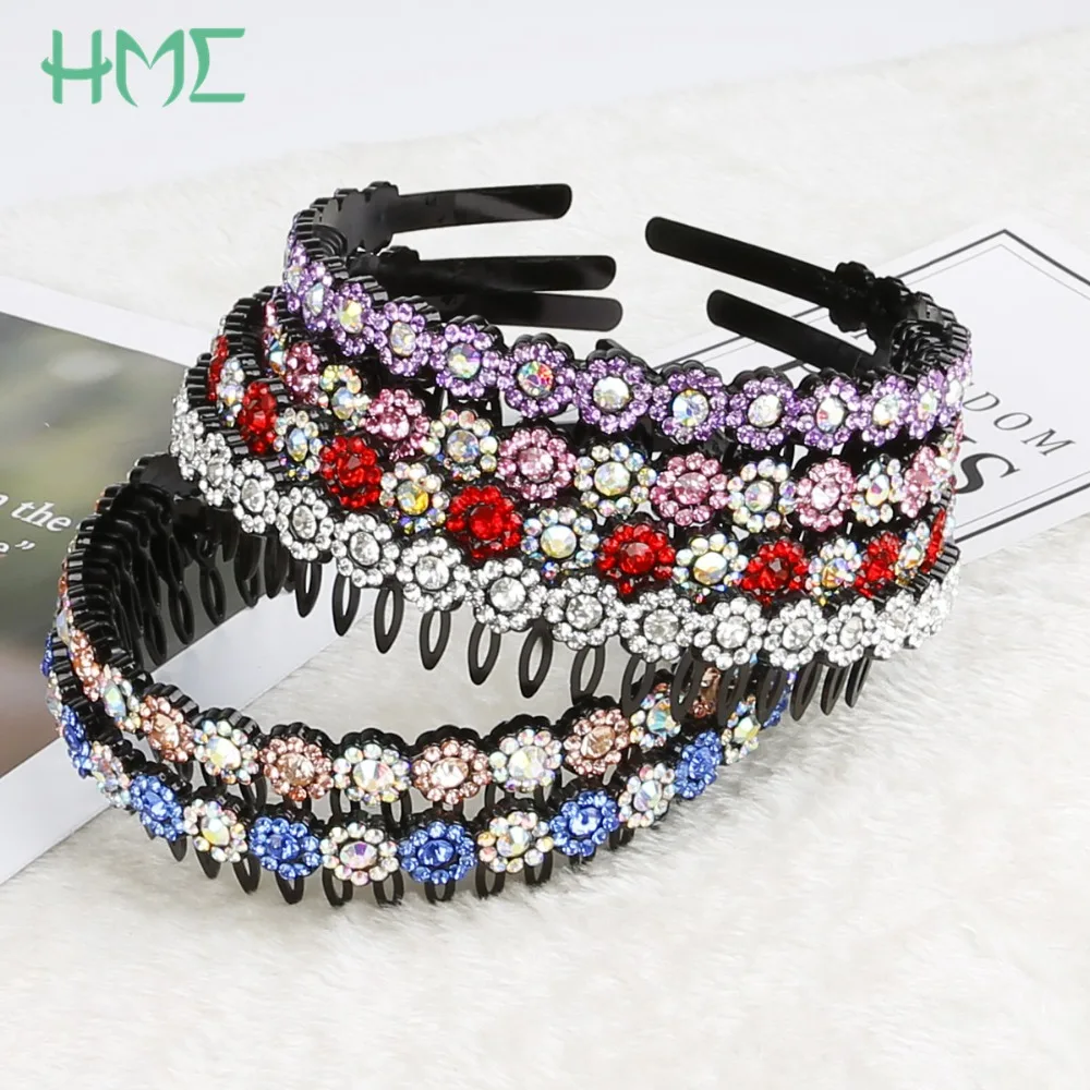 

White Pink Red Purple Blue Glass Crystal Rhinestone Flower Comb Hair Hoop Bezel With Teeth Hairband For Women Headwear Headdress