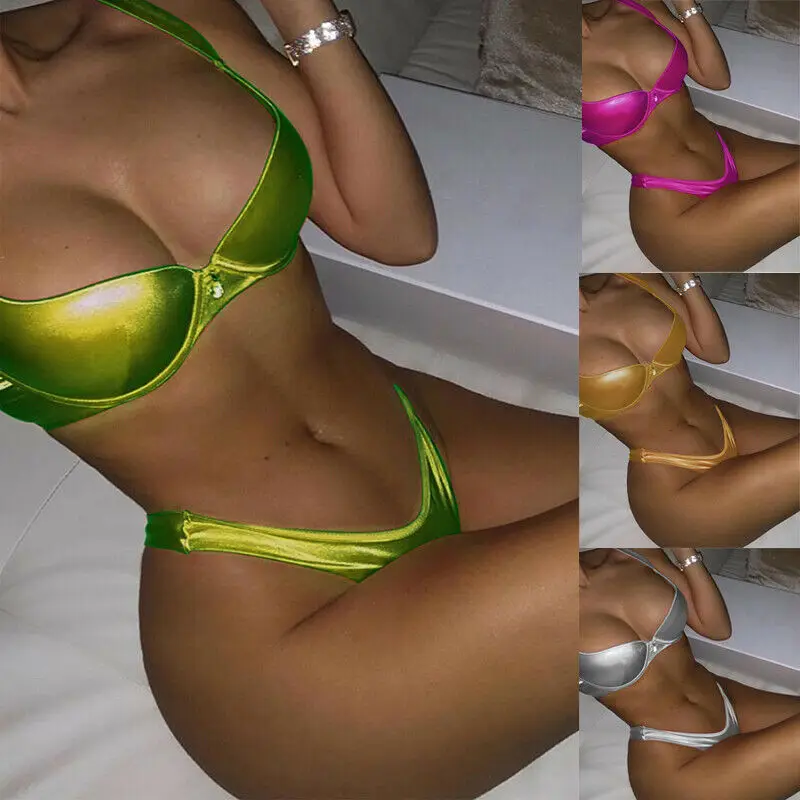 

Summer Sexy Women Frauen Bikinis Set Kunstleder Push-Up Badeanzug Bikini Urlaub Badeanzug Bademode Beachwear Femme Biquini