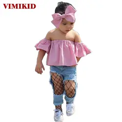 VIMIKID модный костюм для девочек Топы и джинсы + повязка на голову комплект из 3 предметов слово воротник без бретелек комплект с розовым