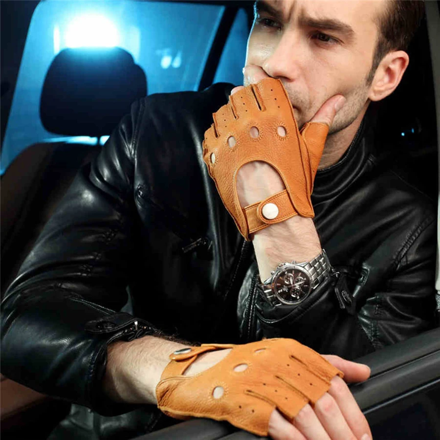 Fashion 2018 Men Deerskin Gloves Wrist Half Finger Driving Glove Solid